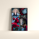 Spider-Verse comic poster by Dripster featuring dynamic comic panels with Spider-Man characters in action